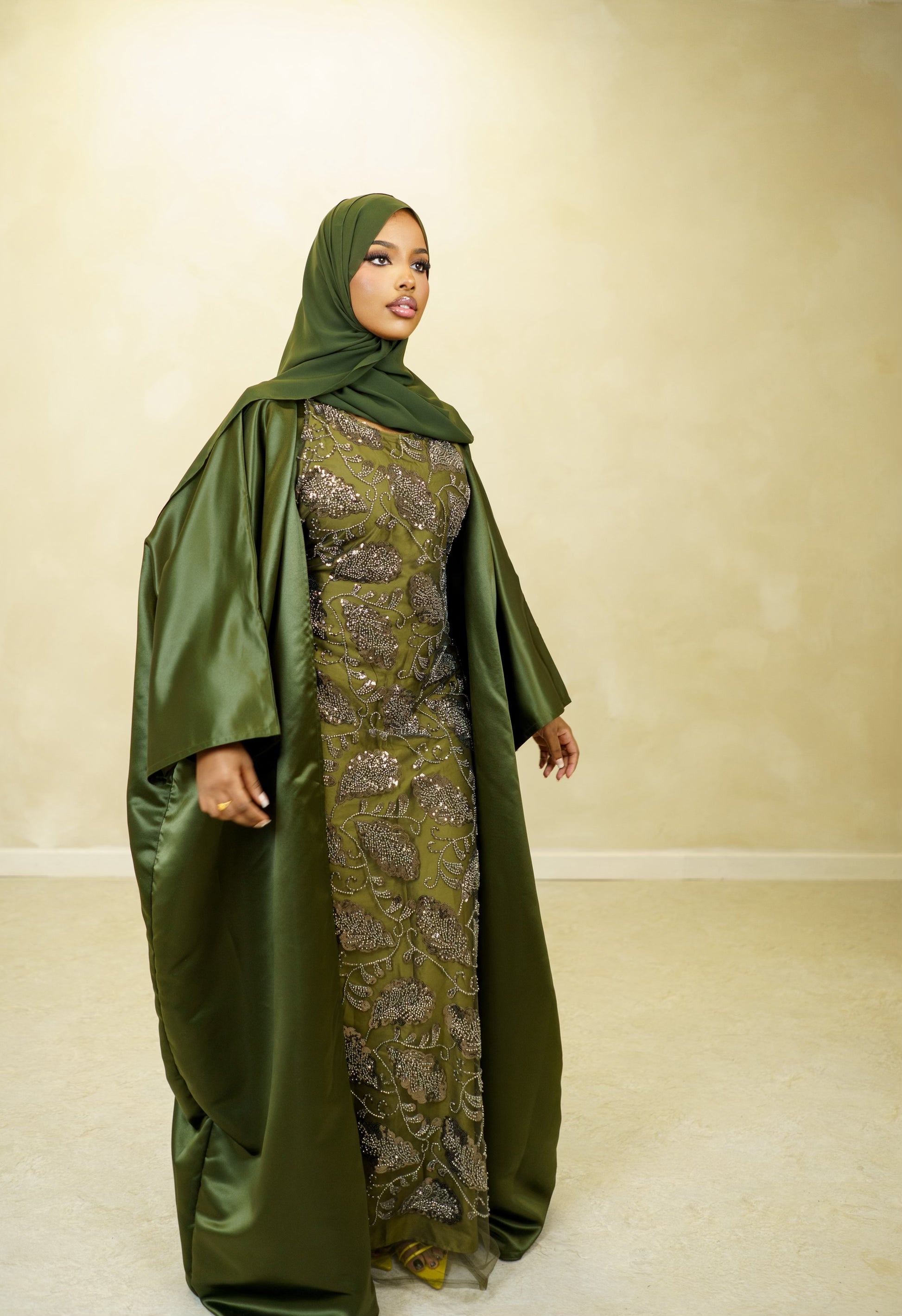 olive green abaya dress Olive Green Embroidered Abaya Set